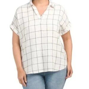 Tahari Women’s Plus Size 2X Creamy White Black Windowpane Check Blouse Tunic Top